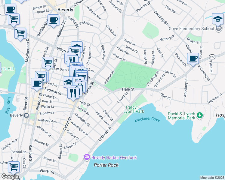 map of restaurants, bars, coffee shops, grocery stores, and more near 50 Hale Street in Beverly
