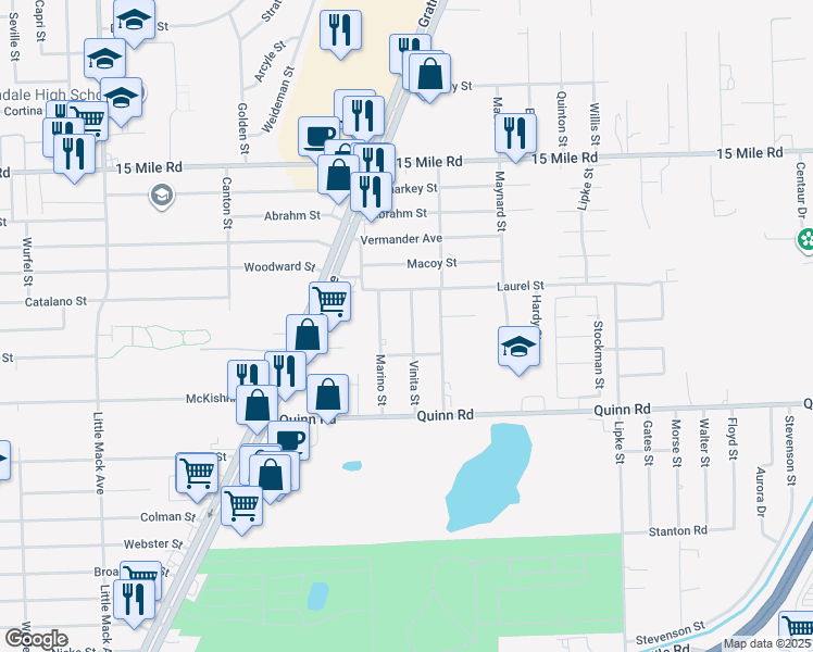 map of restaurants, bars, coffee shops, grocery stores, and more near 34400 Marino Street in Clinton Township
