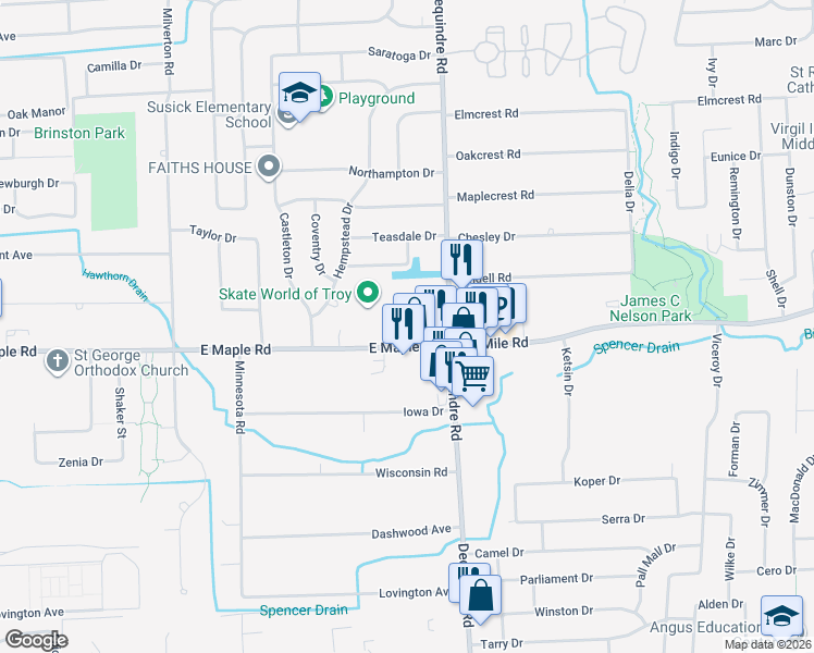 map of restaurants, bars, coffee shops, grocery stores, and more near 2891 E Maple Rd in Troy