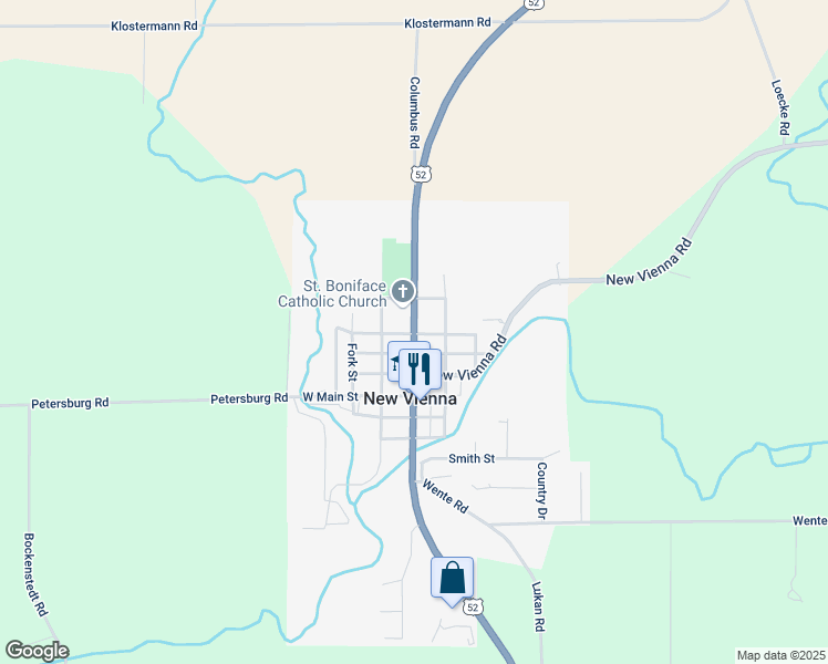 map of restaurants, bars, coffee shops, grocery stores, and more near 7401 Columbus Street in New Vienna