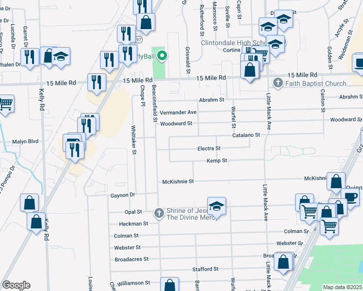 map of restaurants, bars, coffee shops, grocery stores, and more near 19766 Catalano Street in Clinton Township