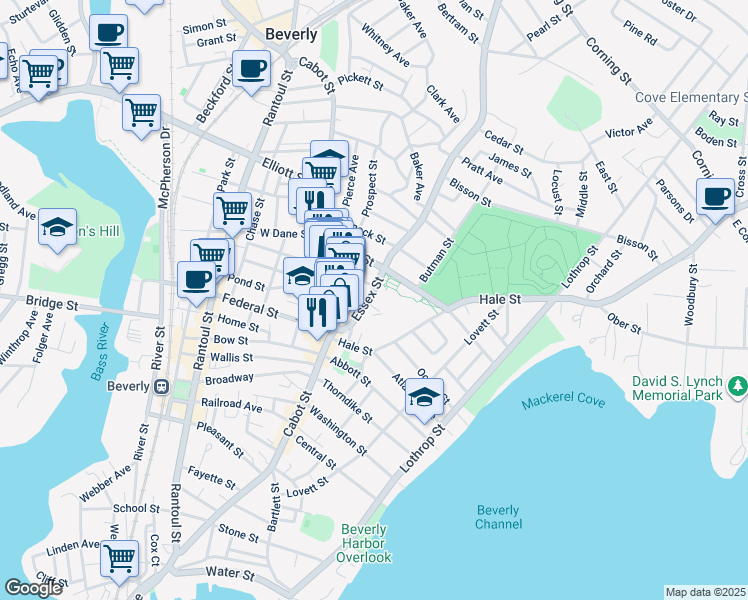 map of restaurants, bars, coffee shops, grocery stores, and more near 26 Essex Street in Beverly
