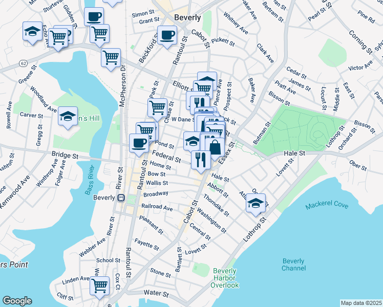 map of restaurants, bars, coffee shops, grocery stores, and more near 14 Pond View Lane in Beverly