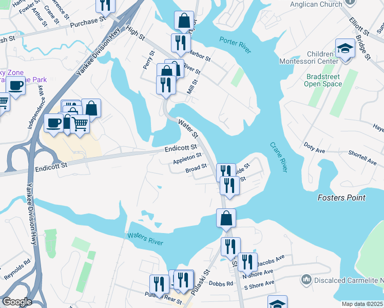 map of restaurants, bars, coffee shops, grocery stores, and more near 1 Endicott Street in Danvers