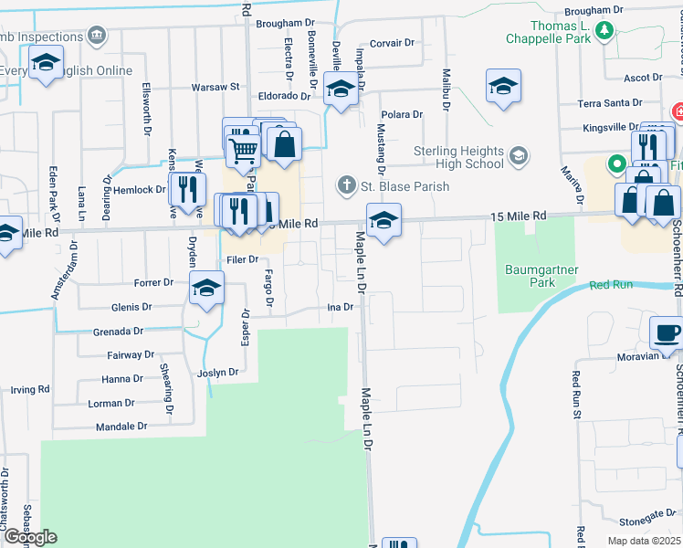 map of restaurants, bars, coffee shops, grocery stores, and more near 34811 Maple Lane Drive in Sterling Heights