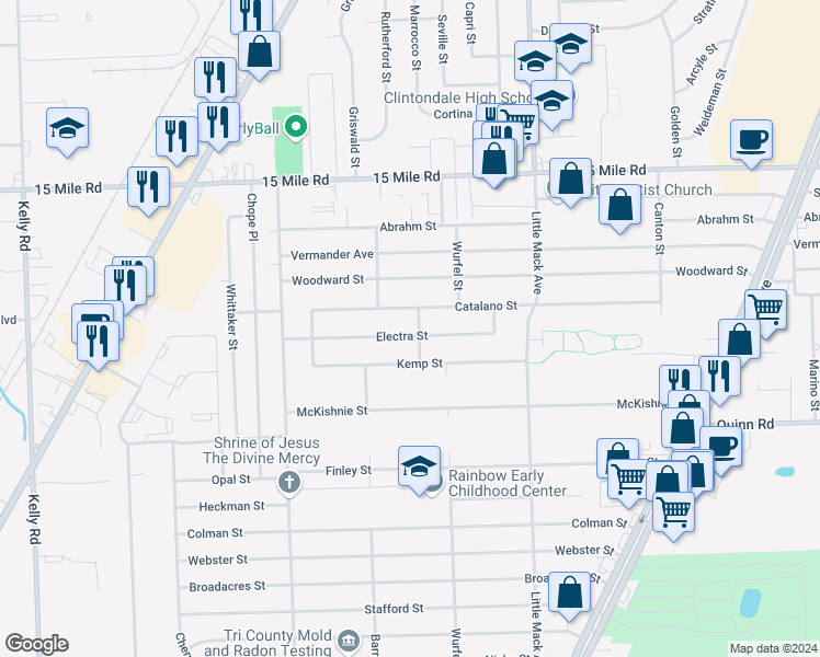 map of restaurants, bars, coffee shops, grocery stores, and more near 20177 Electra Street in Charter Township of Clinton