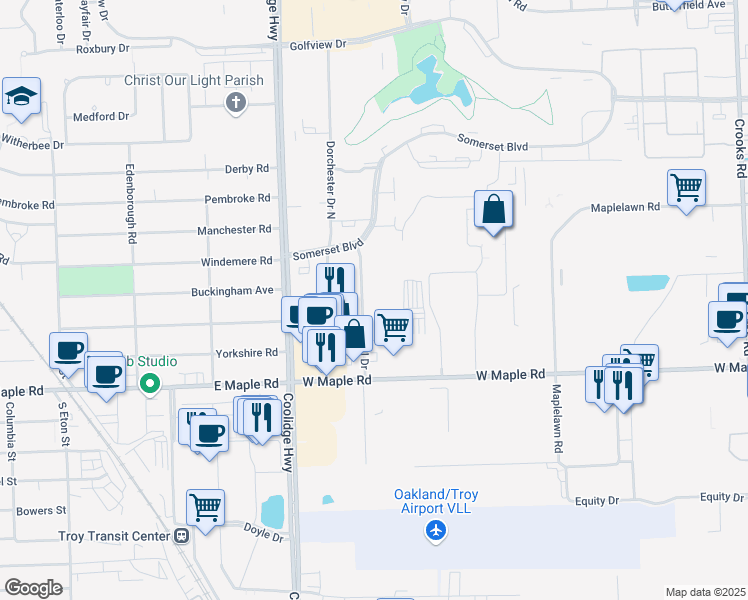 map of restaurants, bars, coffee shops, grocery stores, and more near 1840 Axtell Drive in Troy
