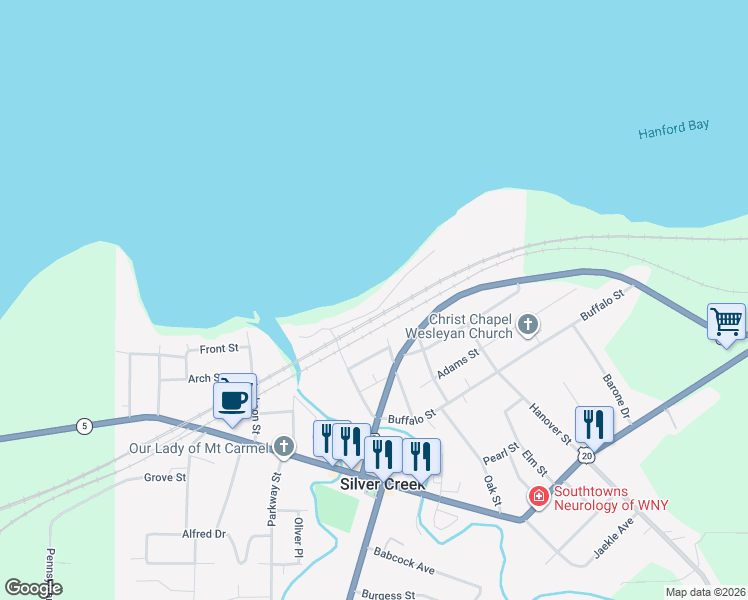 map of restaurants, bars, coffee shops, grocery stores, and more near 55 Lake Avenue in Silver Creek