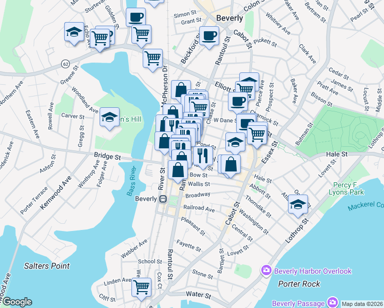 map of restaurants, bars, coffee shops, grocery stores, and more near 46 Pond Street in Beverly