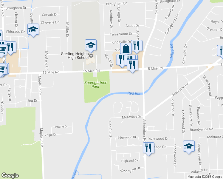 map of restaurants, bars, coffee shops, grocery stores, and more near 34100 Moravian Drive in Sterling Heights