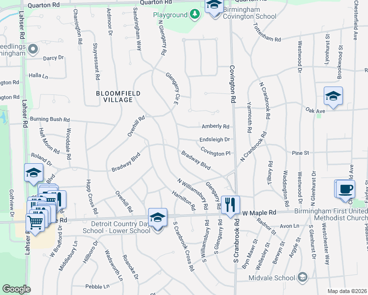 map of restaurants, bars, coffee shops, grocery stores, and more near 2725 Endsleigh Drive in Bloomfield Hills