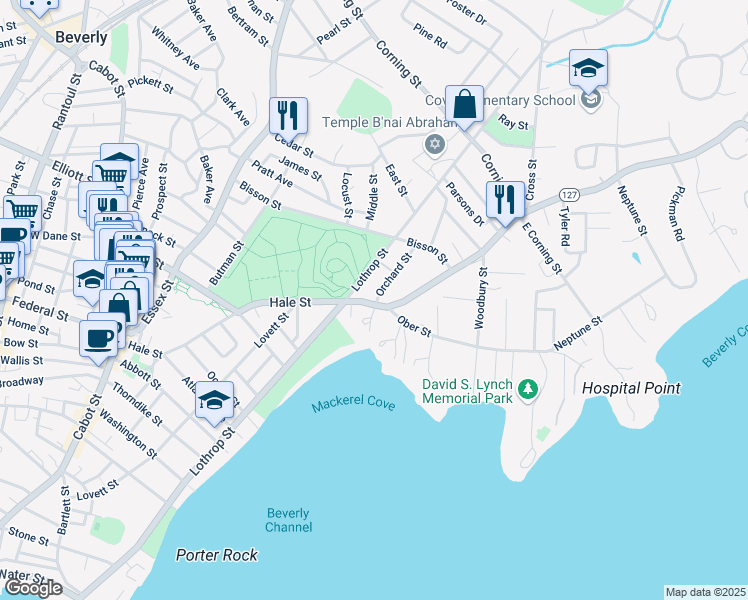 map of restaurants, bars, coffee shops, grocery stores, and more near 4 Orchard Street in Beverly