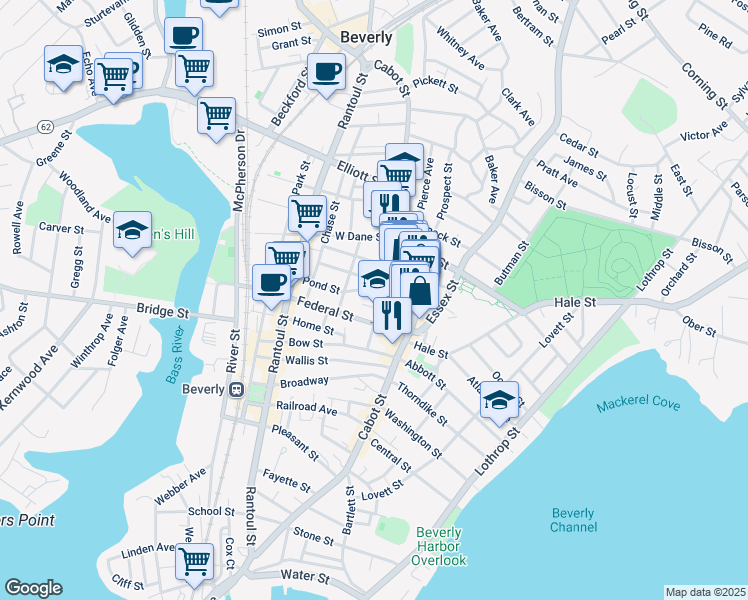 map of restaurants, bars, coffee shops, grocery stores, and more near 14 Pond View Lane in Beverly