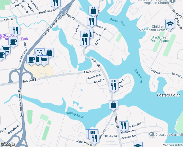 map of restaurants, bars, coffee shops, grocery stores, and more near 17 Endicott Street in Danvers