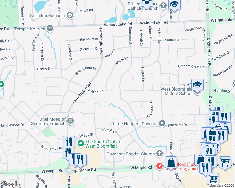 map of restaurants, bars, coffee shops, grocery stores, and more near 5981 Dunmore Drive in West Bloomfield Township