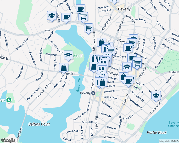 map of restaurants, bars, coffee shops, grocery stores, and more near 2 Margin Street in Beverly