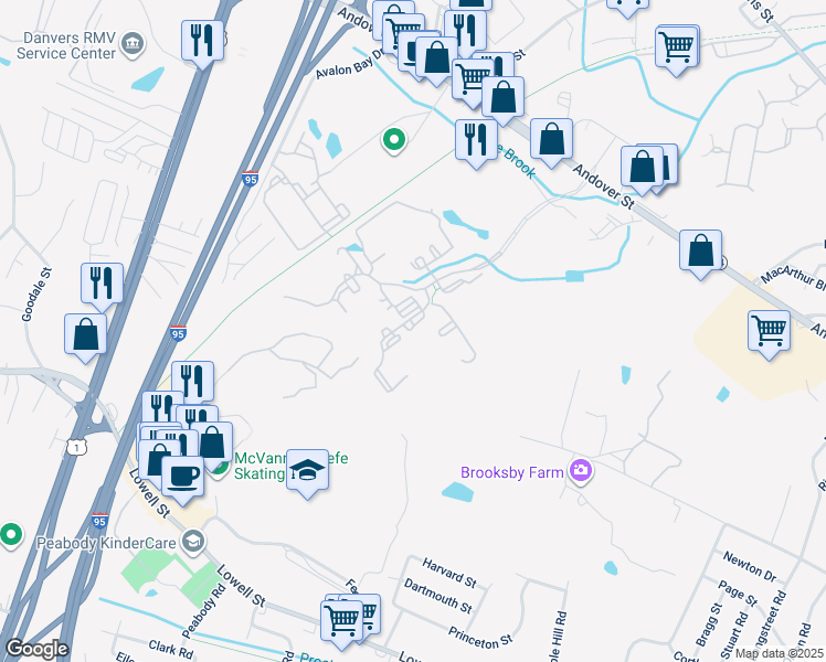 map of restaurants, bars, coffee shops, grocery stores, and more near 100 Brooksby Village Drive in Peabody
