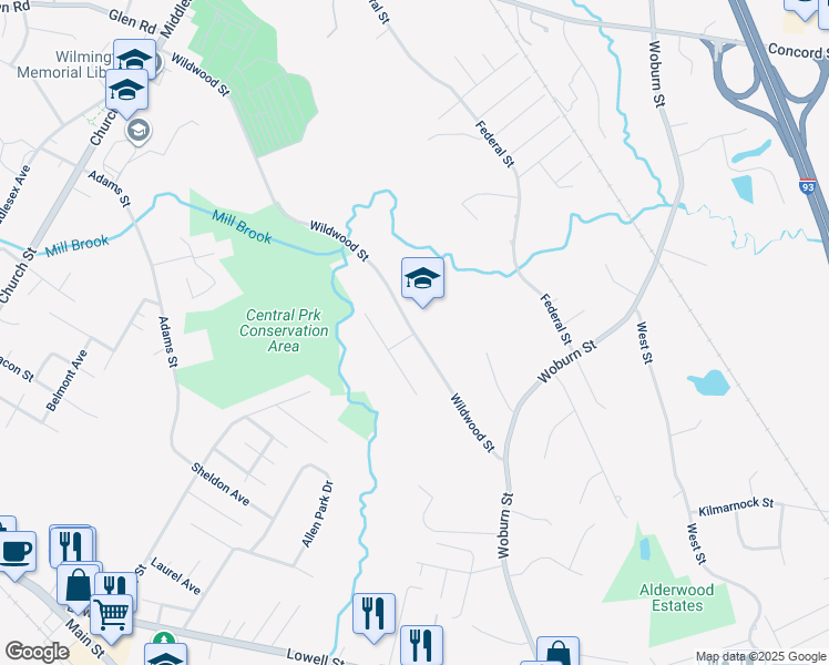 map of restaurants, bars, coffee shops, grocery stores, and more near 182 Wildwood Street in Wilmington