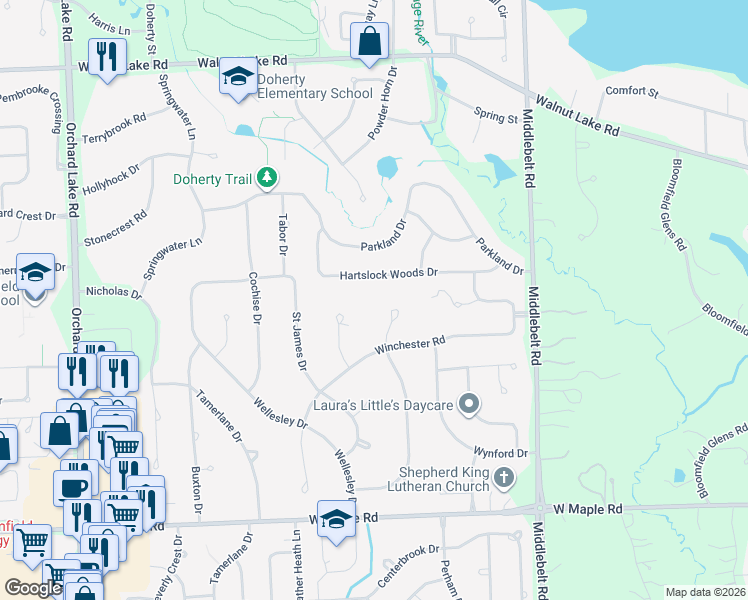map of restaurants, bars, coffee shops, grocery stores, and more near 3225 Hartslock Woods Drive in West Bloomfield Township