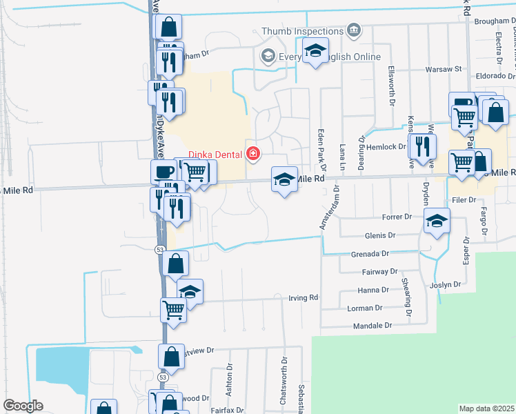 map of restaurants, bars, coffee shops, grocery stores, and more near 8602 Beech Drive in Sterling Heights