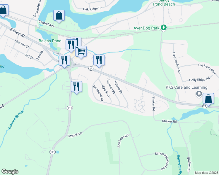 map of restaurants, bars, coffee shops, grocery stores, and more near 27 Atherton Street in Ayer