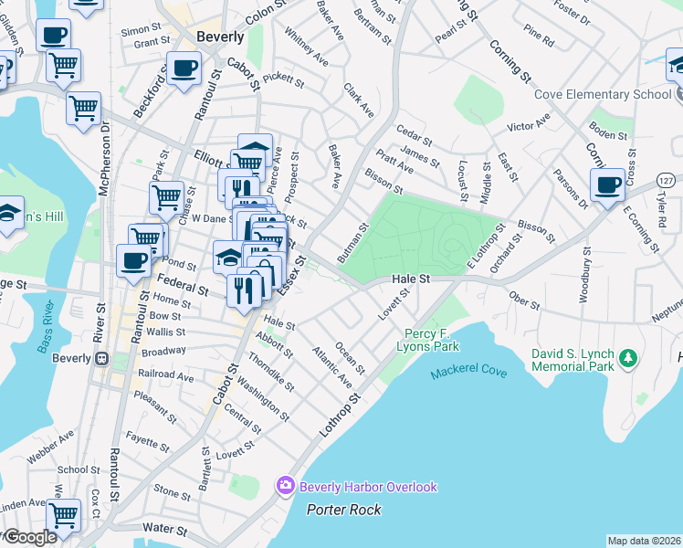 map of restaurants, bars, coffee shops, grocery stores, and more near 31 Essex Street in Beverly
