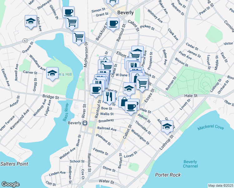map of restaurants, bars, coffee shops, grocery stores, and more near 10 Mulberry Street in Beverly