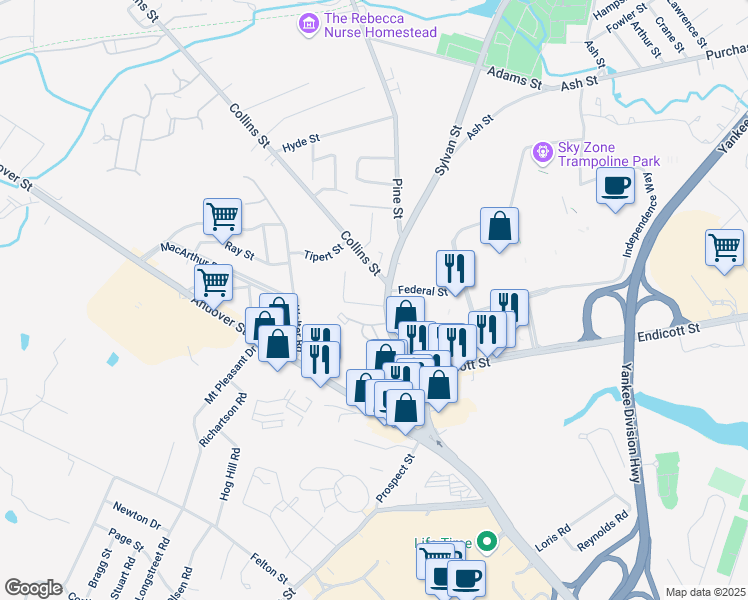 map of restaurants, bars, coffee shops, grocery stores, and more near in Danvers