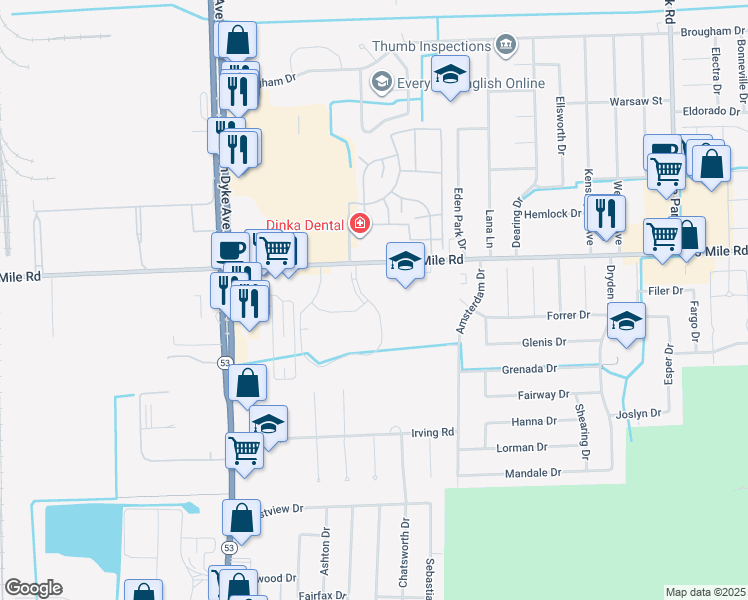 map of restaurants, bars, coffee shops, grocery stores, and more near 34824 Birchgrove Drive in Sterling Heights
