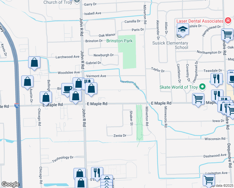 map of restaurants, bars, coffee shops, grocery stores, and more near 2228 Virginia Drive in Troy