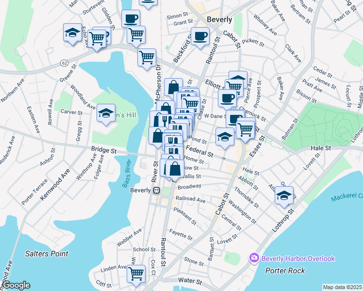 map of restaurants, bars, coffee shops, grocery stores, and more near Rantoul Street in Beverly