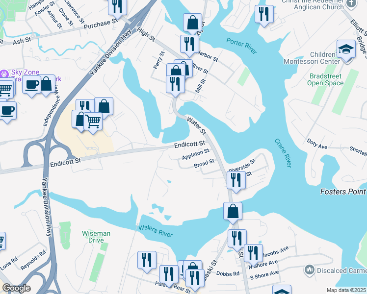 map of restaurants, bars, coffee shops, grocery stores, and more near 18 Endicott Street in Danvers