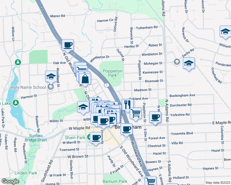 map of restaurants, bars, coffee shops, grocery stores, and more near 435 Madison Street in Birmingham