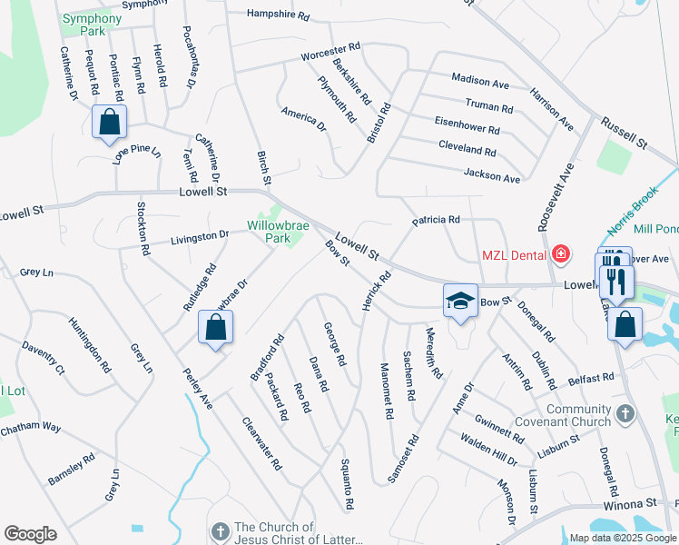 map of restaurants, bars, coffee shops, grocery stores, and more near 25 Bow Street in Peabody