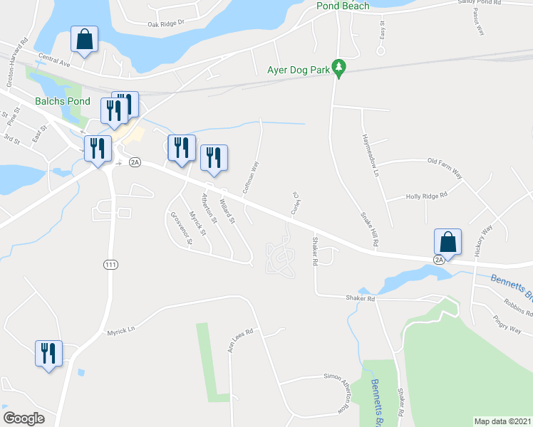 map of restaurants, bars, coffee shops, grocery stores, and more near 55 Littleton Road in Ayer