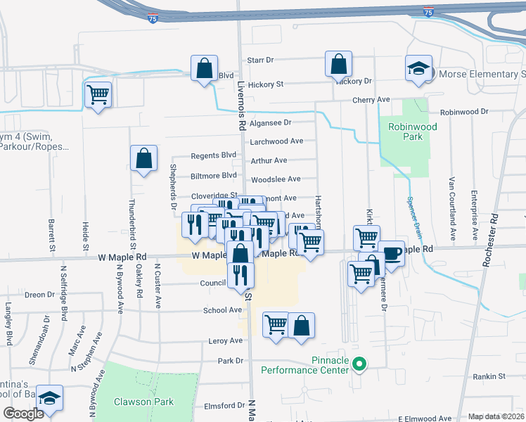 map of restaurants, bars, coffee shops, grocery stores, and more near 36 Vermont Drive in Troy