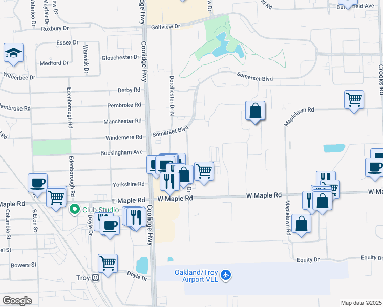 map of restaurants, bars, coffee shops, grocery stores, and more near 1890 Axtell Drive in Troy