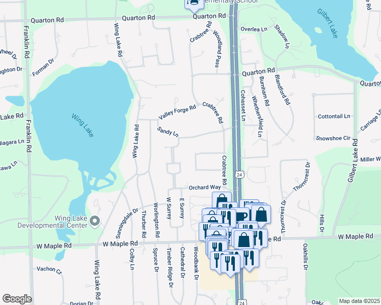 map of restaurants, bars, coffee shops, grocery stores, and more near 6136 Lantern Lane in Bloomfield Hills