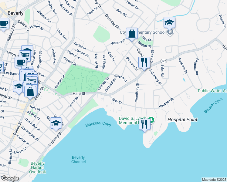 map of restaurants, bars, coffee shops, grocery stores, and more near 108 Hale Street in Beverly