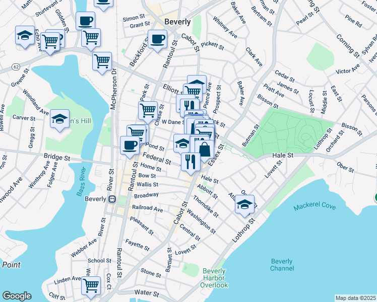 map of restaurants, bars, coffee shops, grocery stores, and more near 14 Pond View Lane in Beverly