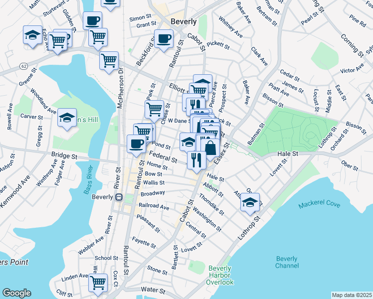 map of restaurants, bars, coffee shops, grocery stores, and more near 14 Pond View Lane in Beverly