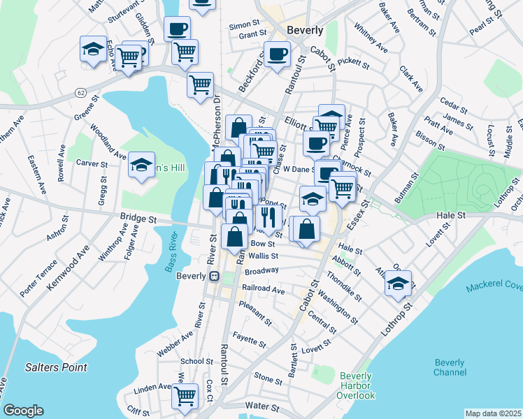 map of restaurants, bars, coffee shops, grocery stores, and more near 46 Pond Street in Beverly