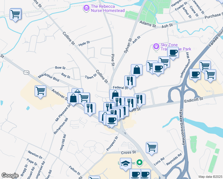 map of restaurants, bars, coffee shops, grocery stores, and more near in Danvers