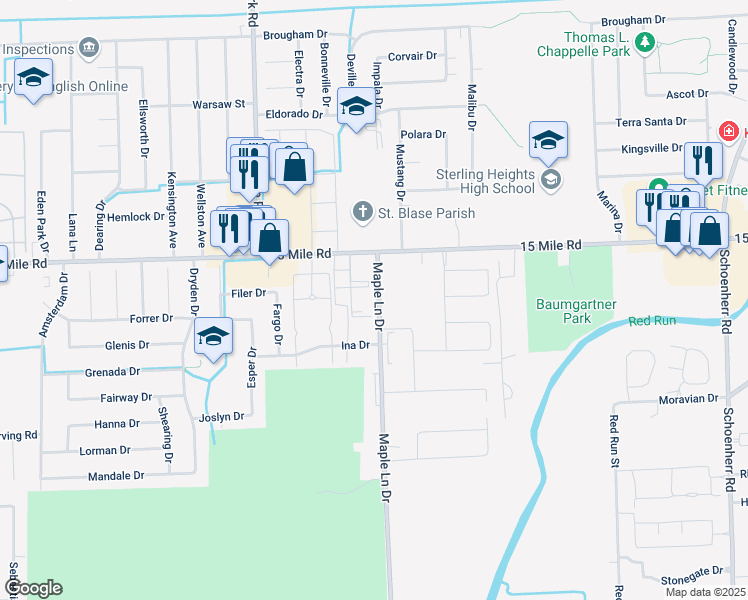 map of restaurants, bars, coffee shops, grocery stores, and more near 12200 15 Mile Road in Sterling Heights