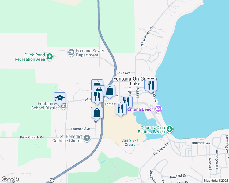map of restaurants, bars, coffee shops, grocery stores, and more near 170 3rd Avenue in Fontana-on-Geneva Lake