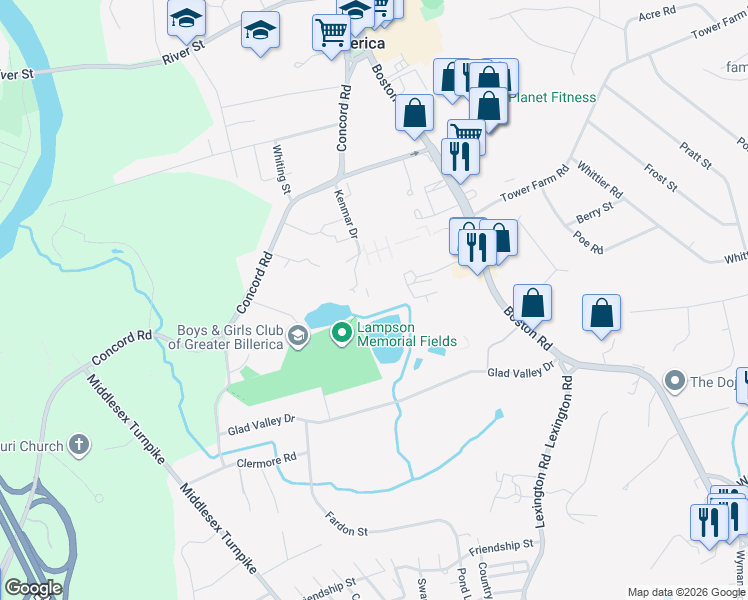 map of restaurants, bars, coffee shops, grocery stores, and more near 15 Kenmar Drive in Billerica