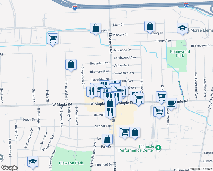 map of restaurants, bars, coffee shops, grocery stores, and more near 46 Forthton Dr in Troy