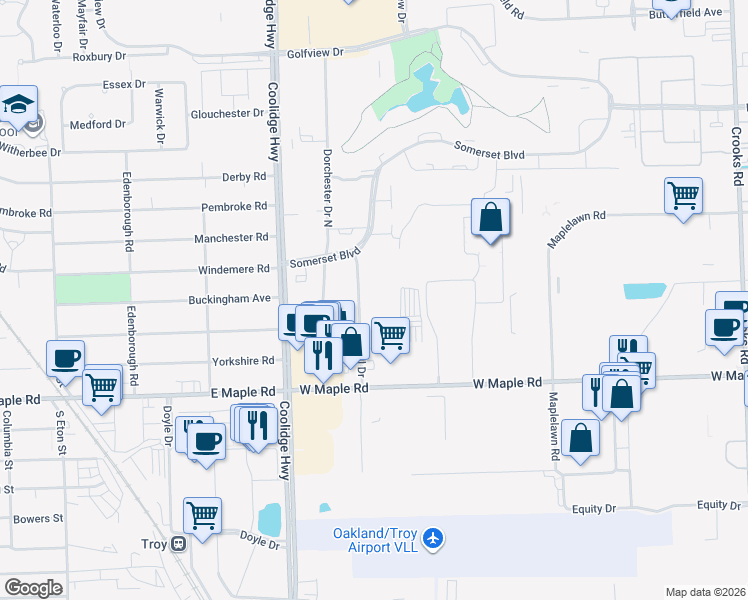 map of restaurants, bars, coffee shops, grocery stores, and more near 1860 Axtell Drive in Troy
