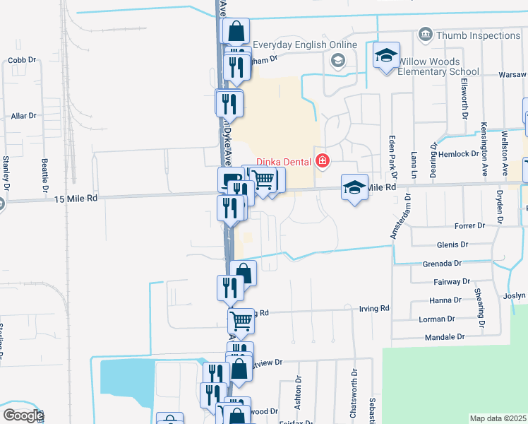 map of restaurants, bars, coffee shops, grocery stores, and more near Oceanview Drive in Sterling Heights
