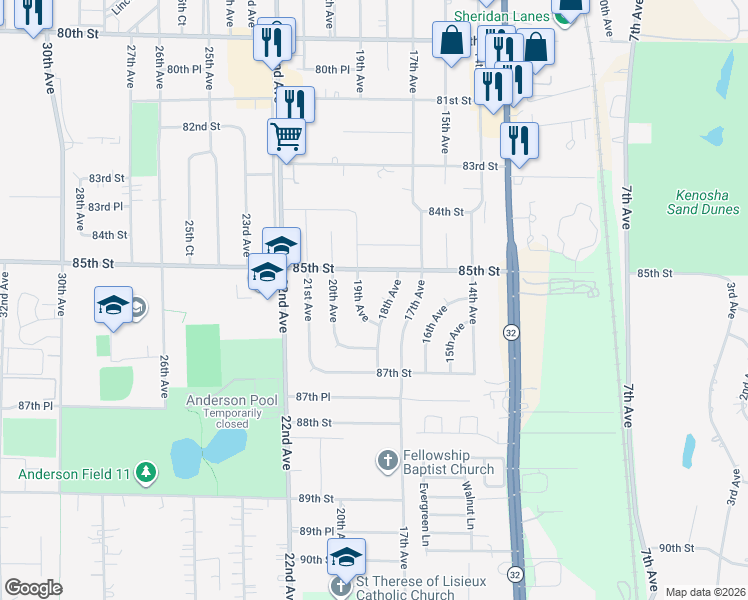 map of restaurants, bars, coffee shops, grocery stores, and more near 8530 18th Avenue in Kenosha